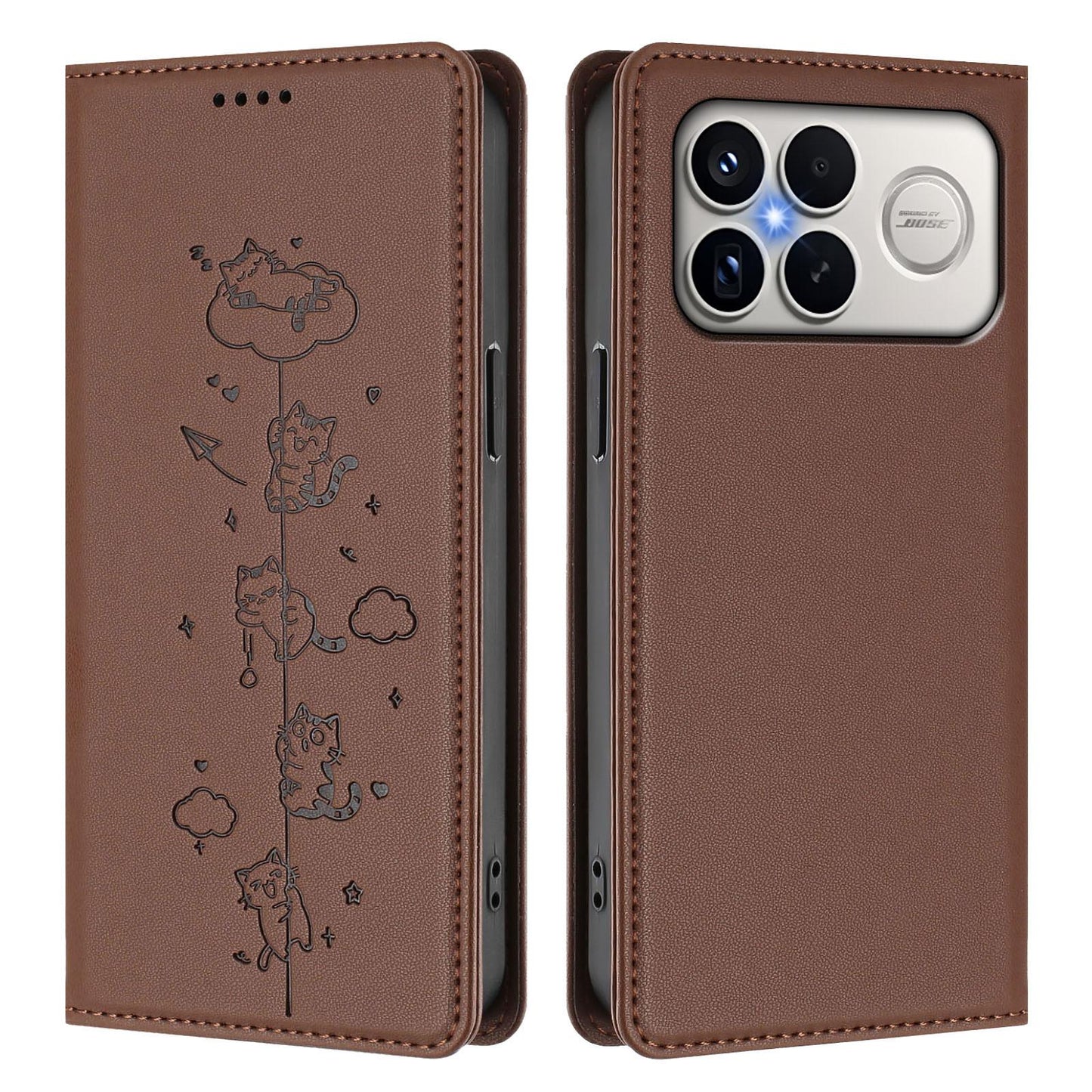 For Redmi K90 Pro Max / Xiaomi Poco F8 Ultra 5G Cute Cats Embossed Magnetic RFID Vegan Leather Phone Case(Brown)