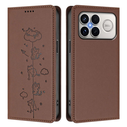 For Redmi K90 Pro Max / Xiaomi Poco F8 Ultra 5G Cute Cats Embossed Magnetic RFID Vegan Leather Phone Case(Brown)