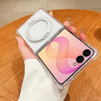 For Galaxy Z Flip8 5G Four Corner Shockproof Space Magnetic Phone Case with 360 Degrees Rotating Holder - Transparent - EDA009011711A