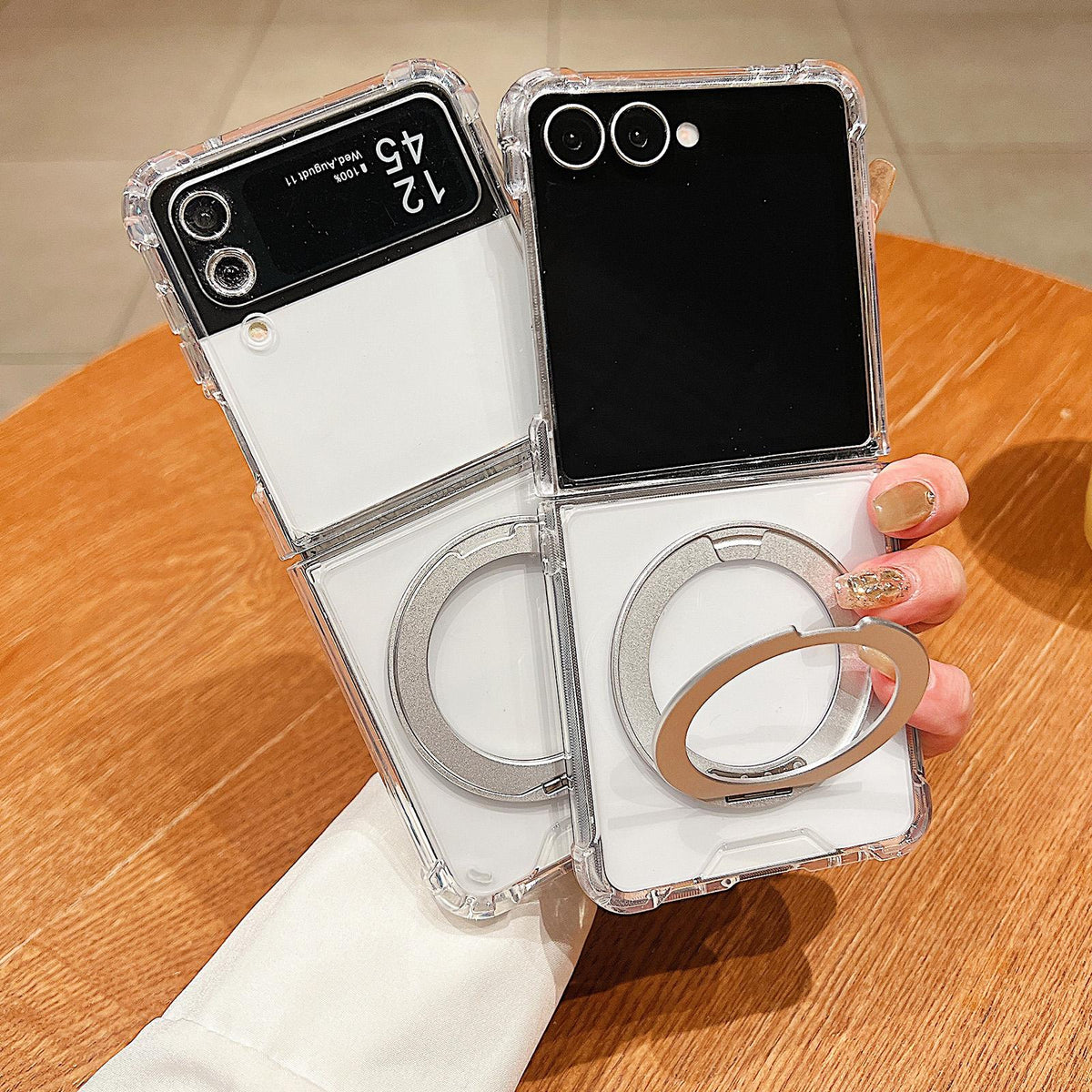 For Galaxy Z Flip8 5G Four Corner Shockproof Space Magnetic Phone Case with 360 Degrees Rotating Holder - Transparent - EDA009011711A