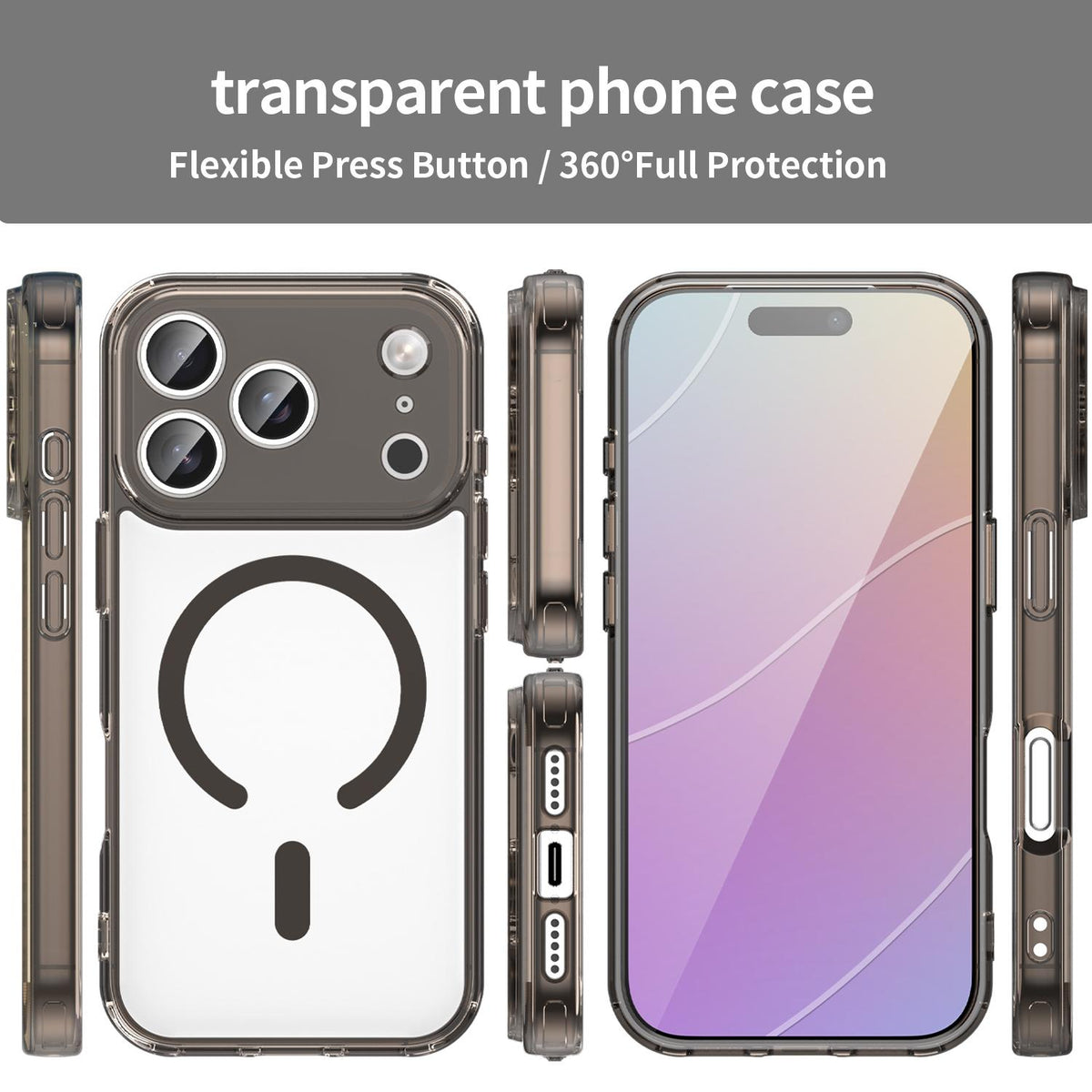 For iPhone 18 Pro PC Hybrid TPU Airbag Shockproof MagSafe Phone Case - Transparent Black - EDA009027715A