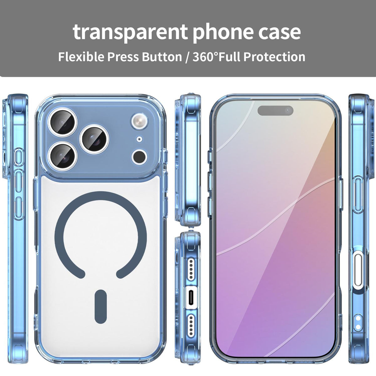 For iPhone 18 Pro PC Hybrid TPU Airbag Shockproof MagSafe Phone Case - Transparent Blue - EDA009027715B