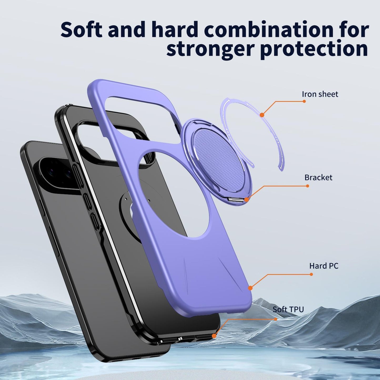 For Google Pixel 11 Pro XL Metal Rotation Holder MagSafe TPU Hybrid PC Phone Case(Purple)