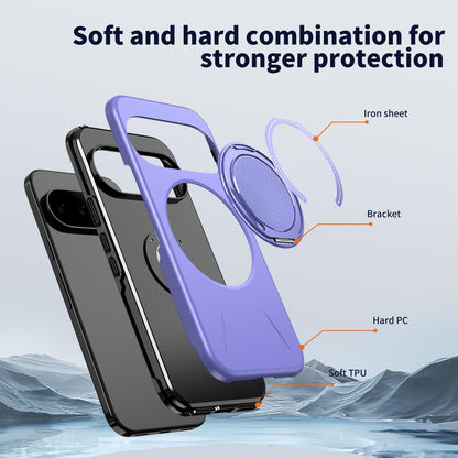 For Google Pixel 11 Pro XL Metal Rotation Holder MagSafe TPU Hybrid PC Phone Case(Purple)