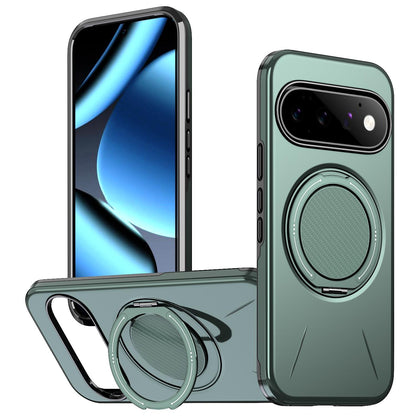 For Google Pixel 11 Pro XL Metal Rotation Holder MagSafe TPU Hybrid PC Phone Case(Grey Green)