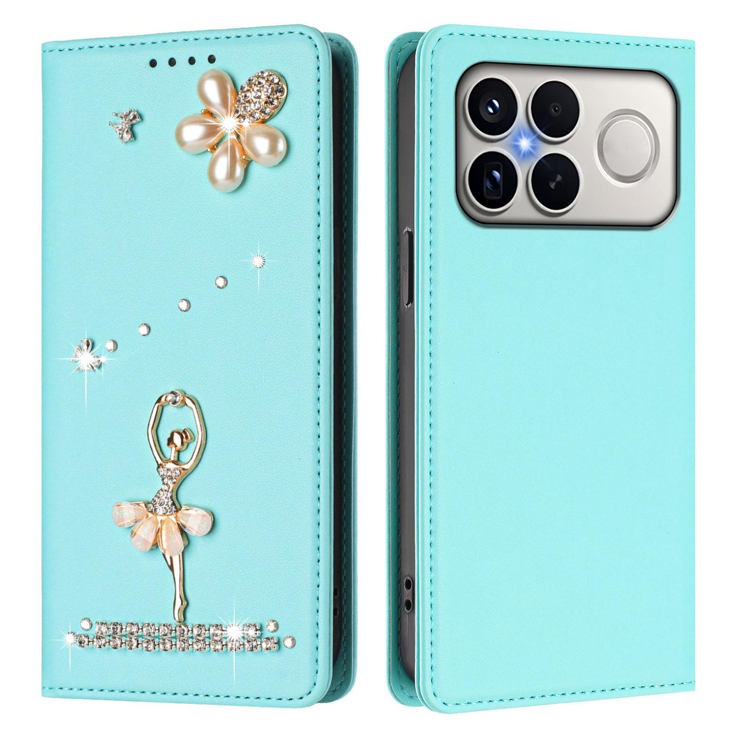 For Xiaomi Poco F8 Ultra / Redmi K90 Pro Max Ballet Girl Diamond Studded RFID Vegan Leather Phone Case(Mint Green)