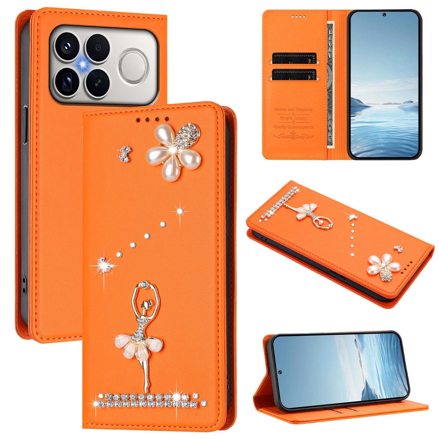 For Xiaomi Poco F8 Ultra / Redmi K90 Pro Max Ballet Girl Diamond Studded RFID Vegan Leather Phone Case(Orange)