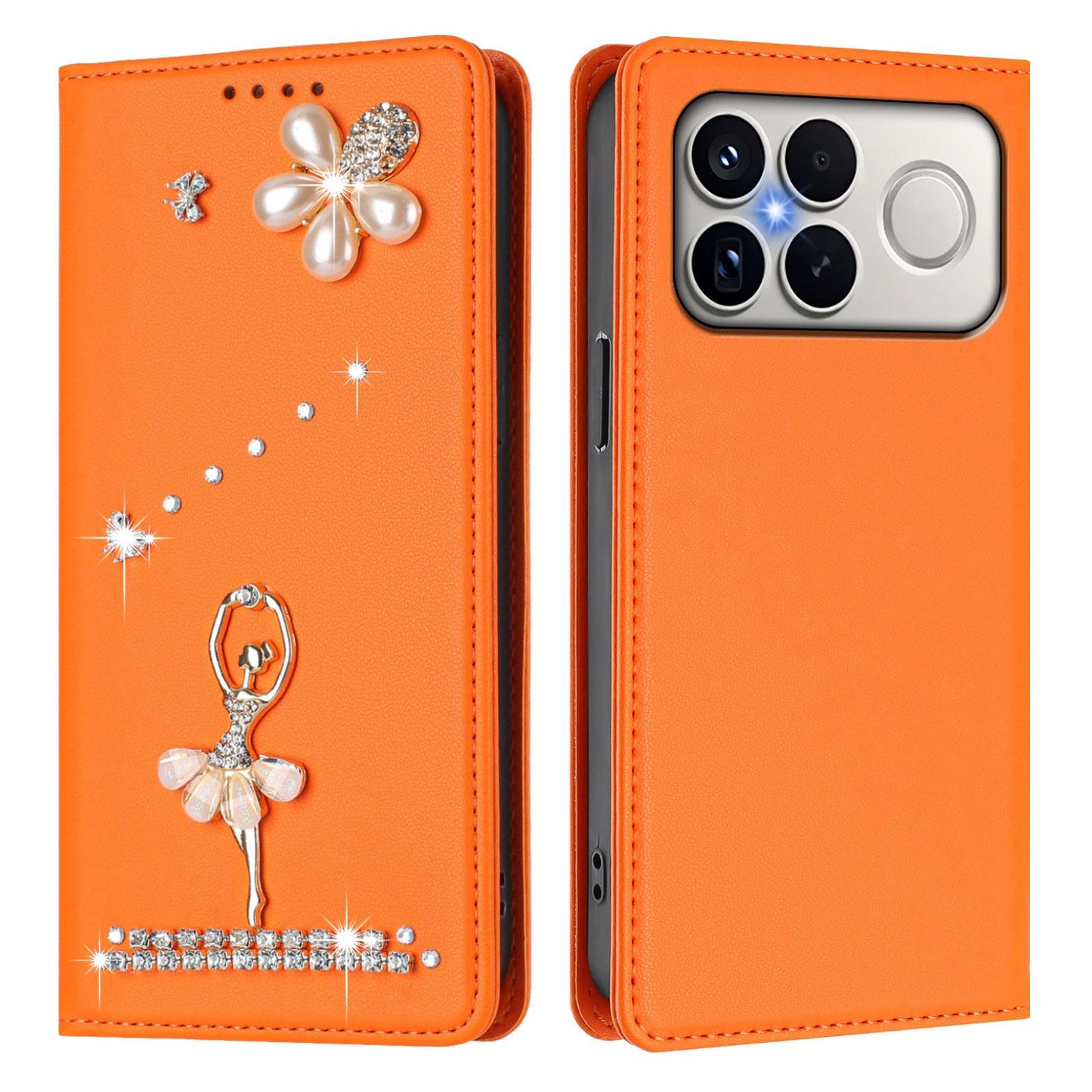 For Xiaomi Poco F8 Ultra / Redmi K90 Pro Max Ballet Girl Diamond Studded RFID Vegan Leather Phone Case(Orange)