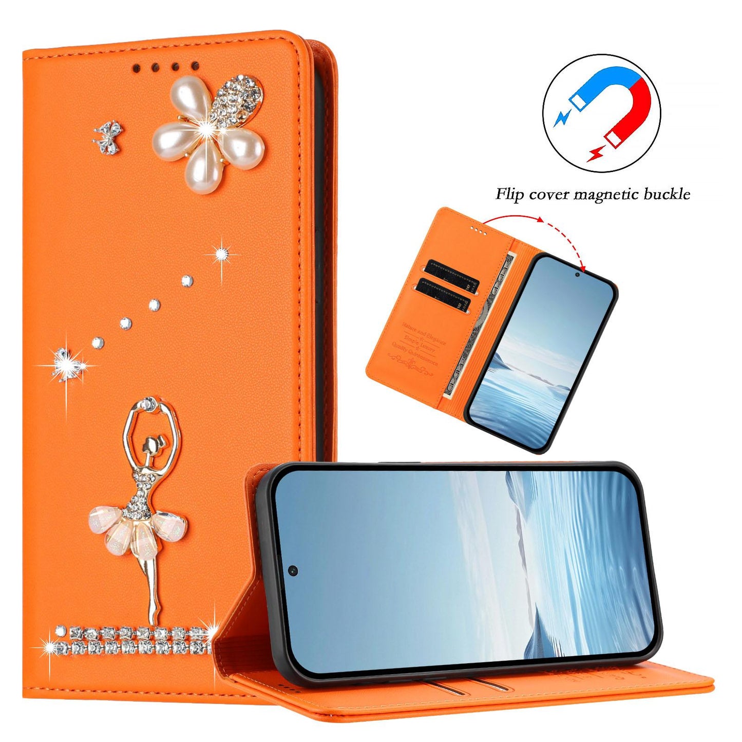For Xiaomi Poco F8 Ultra / Redmi K90 Pro Max Ballet Girl Diamond Studded RFID Vegan Leather Phone Case(Orange)