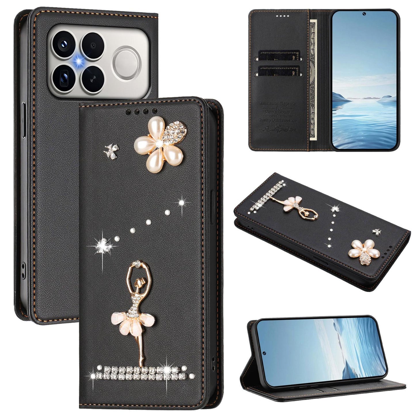 For Xiaomi Poco F8 Ultra / Redmi K90 Pro Max Ballet Girl Diamond Studded RFID Vegan Leather Phone Case(Black)