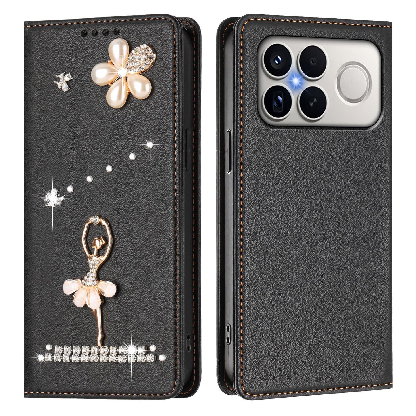 For Xiaomi Poco F8 Ultra / Redmi K90 Pro Max Ballet Girl Diamond Studded RFID Vegan Leather Phone Case(Black)