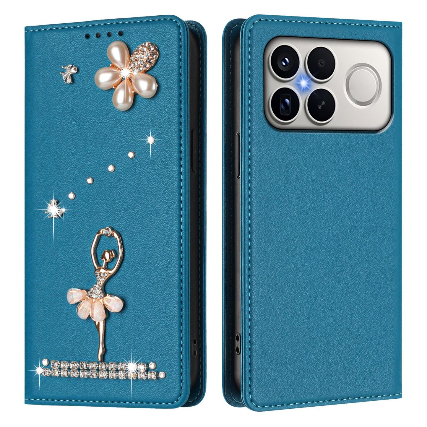 For Xiaomi Poco F8 Ultra / Redmi K90 Pro Max Ballet Girl Diamond Studded RFID Vegan Leather Phone Case(Lake Blue)