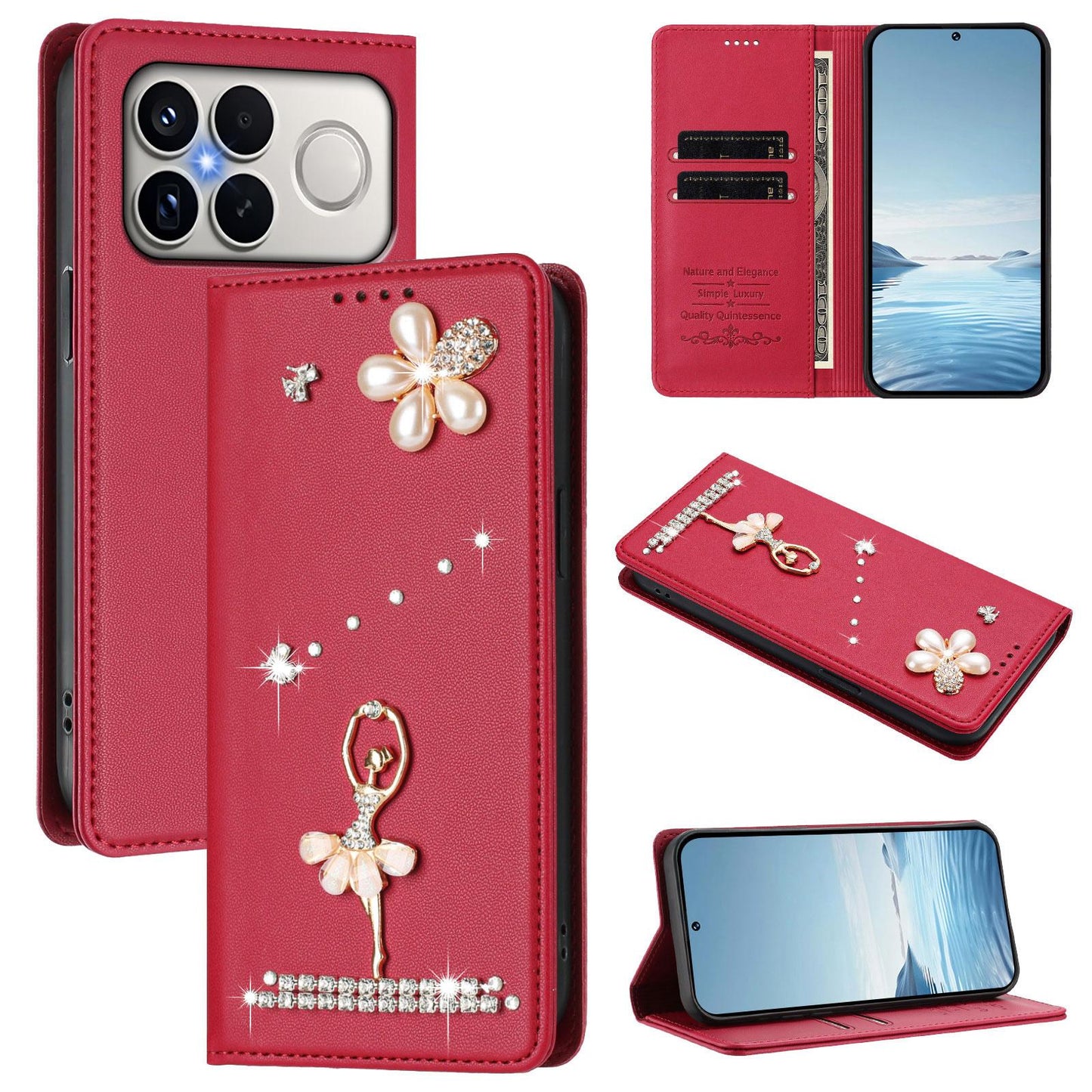 For Xiaomi Poco F8 Ultra / Redmi K90 Pro Max Ballet Girl Diamond Studded RFID Vegan Leather Phone Case(Wine Red)