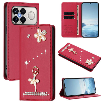 For Xiaomi Poco F8 Ultra / Redmi K90 Pro Max Ballet Girl Diamond Studded RFID Vegan Leather Phone Case(Wine Red)