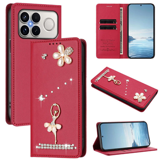 For Xiaomi Poco F8 Ultra / Redmi K90 Pro Max Ballet Girl Diamond Studded RFID Vegan Leather Phone Case(Wine Red)