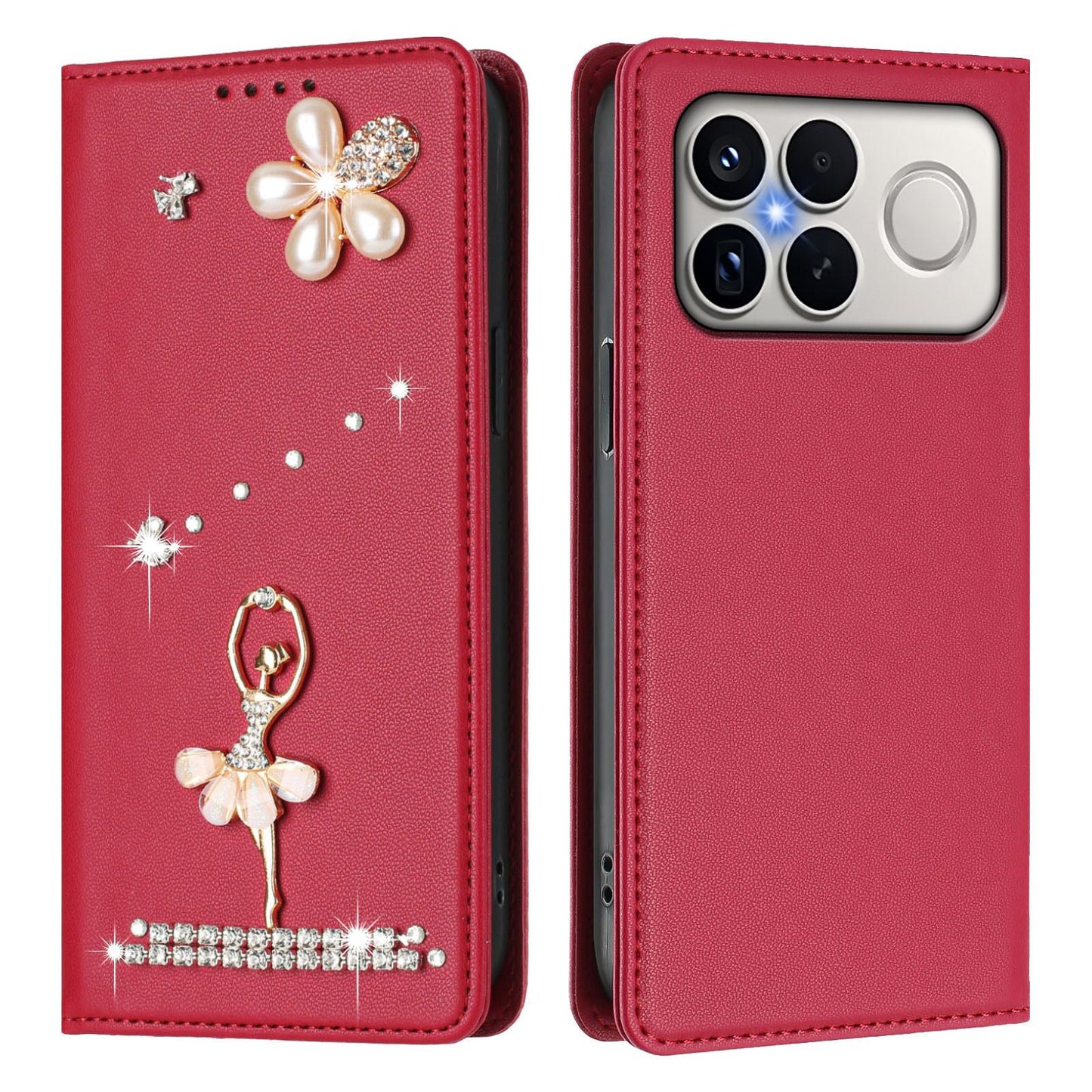 For Xiaomi Poco F8 Ultra / Redmi K90 Pro Max Ballet Girl Diamond Studded RFID Vegan Leather Phone Case(Wine Red)