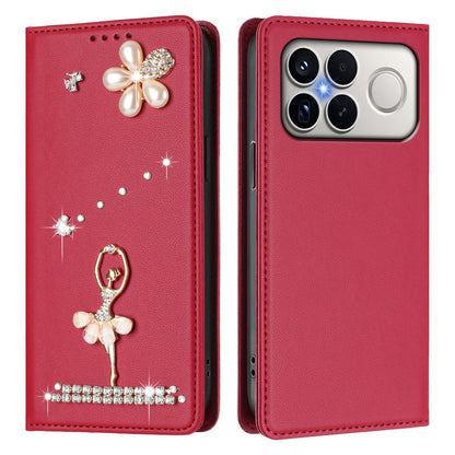 For Xiaomi Poco F8 Ultra / Redmi K90 Pro Max Ballet Girl Diamond Studded RFID Vegan Leather Phone Case(Wine Red)