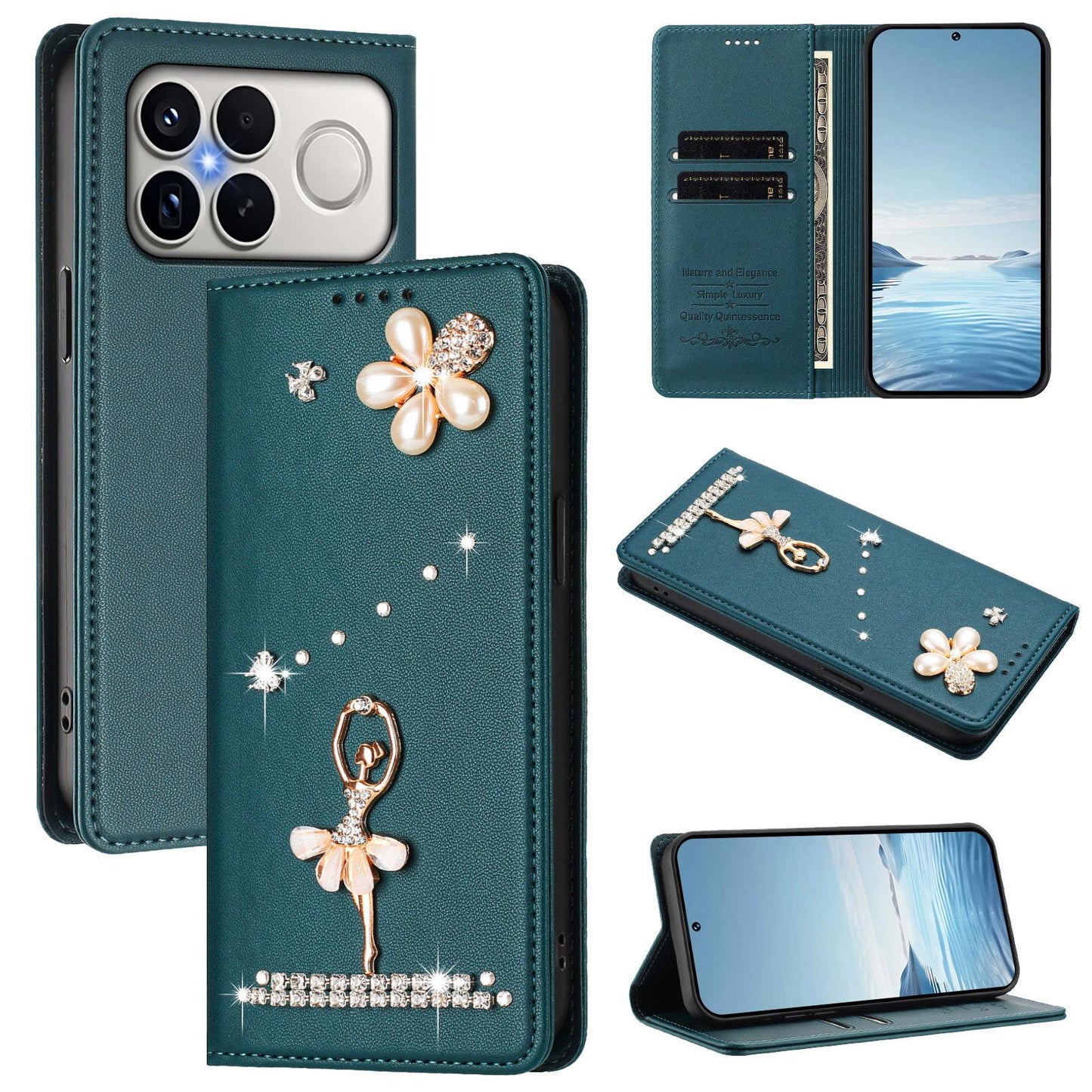 For Xiaomi Poco F8 Ultra / Redmi K90 Pro Max Ballet Girl Diamond Studded RFID Vegan Leather Phone Case(Peacock Green)