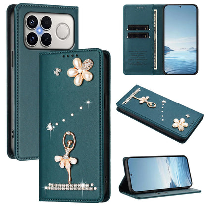 For Xiaomi Poco F8 Ultra / Redmi K90 Pro Max Ballet Girl Diamond Studded RFID Vegan Leather Phone Case(Peacock Green)