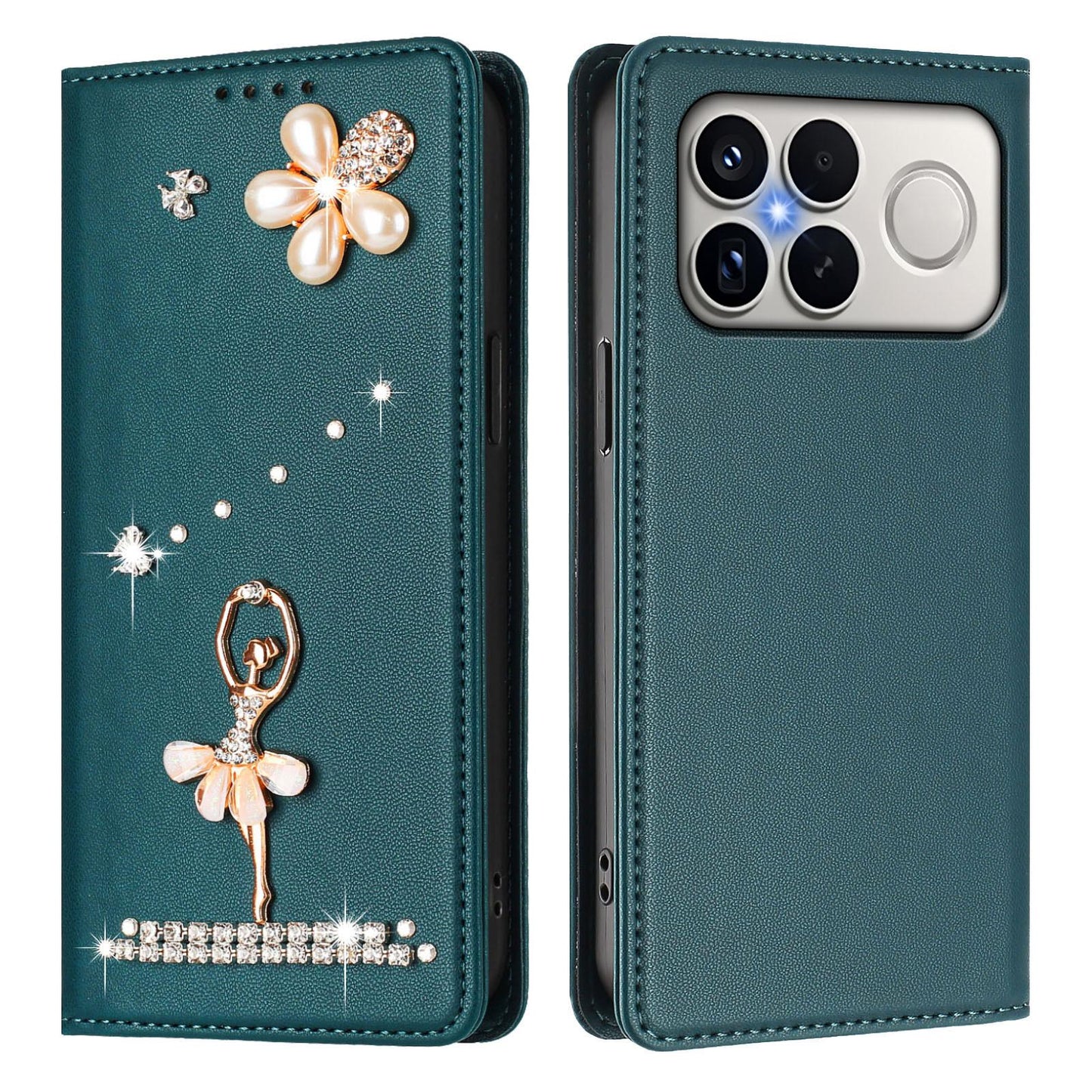 For Xiaomi Poco F8 Ultra / Redmi K90 Pro Max Ballet Girl Diamond Studded RFID Vegan Leather Phone Case(Peacock Green)