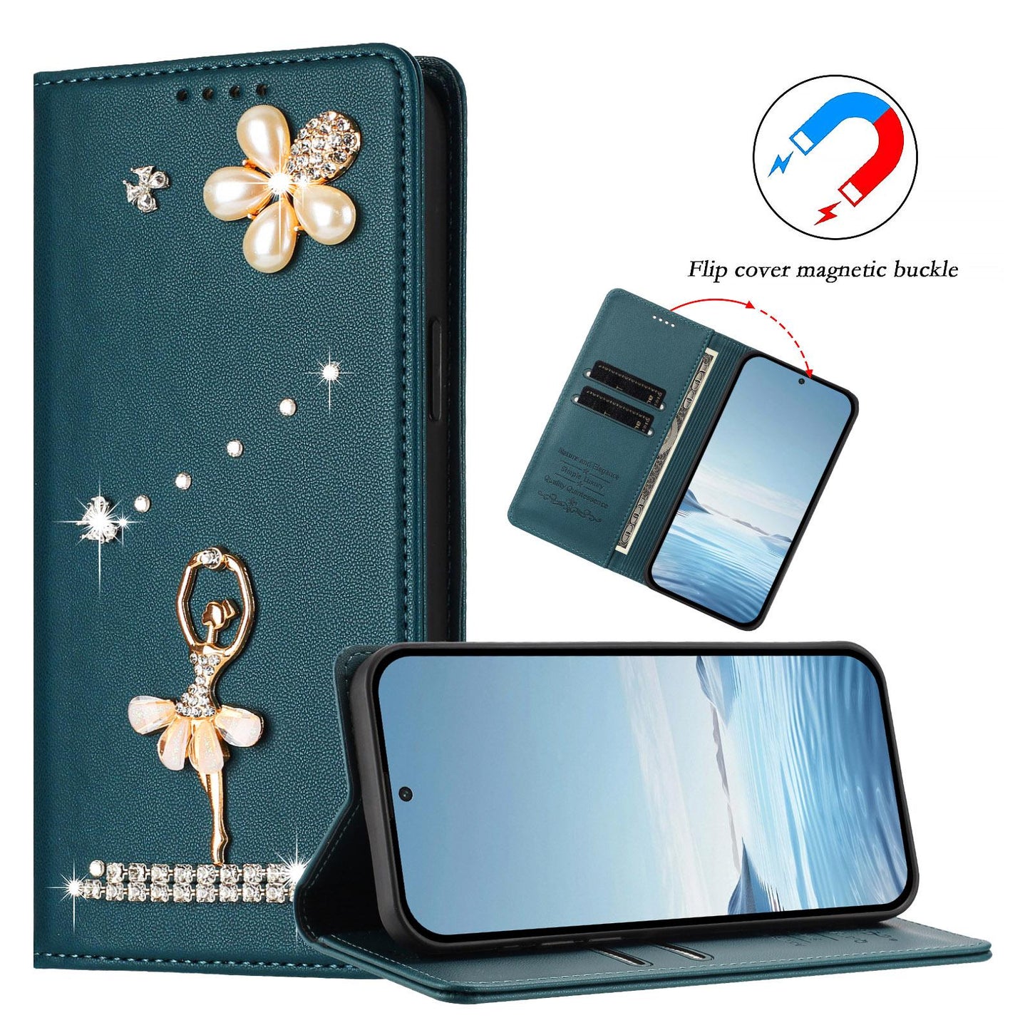 For Xiaomi Poco F8 Ultra / Redmi K90 Pro Max Ballet Girl Diamond Studded RFID Vegan Leather Phone Case(Peacock Green)