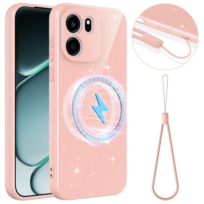 For OnePlus Nord CE6 5G Fine Hole Glossy Glitter Magnetic TPU Phone Case with Same Color Hand Strap - Pink - EDA009089908A