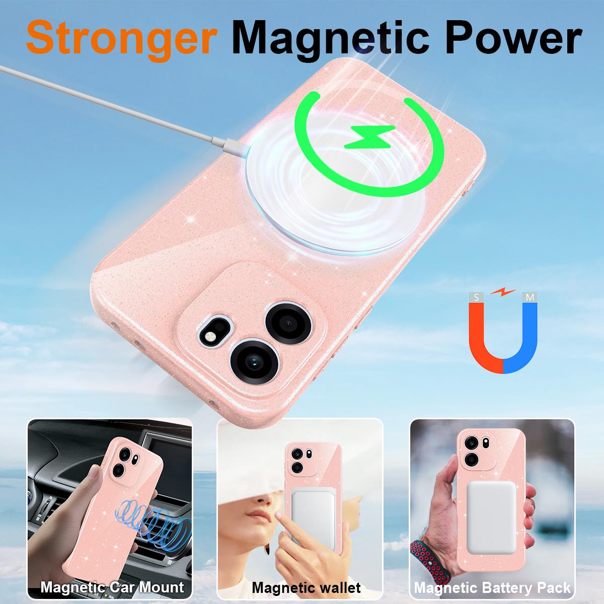 For OnePlus Nord CE6 5G Fine Hole Glossy Glitter Magnetic TPU Phone Case with Same Color Hand Strap - Pink - EDA009089908A