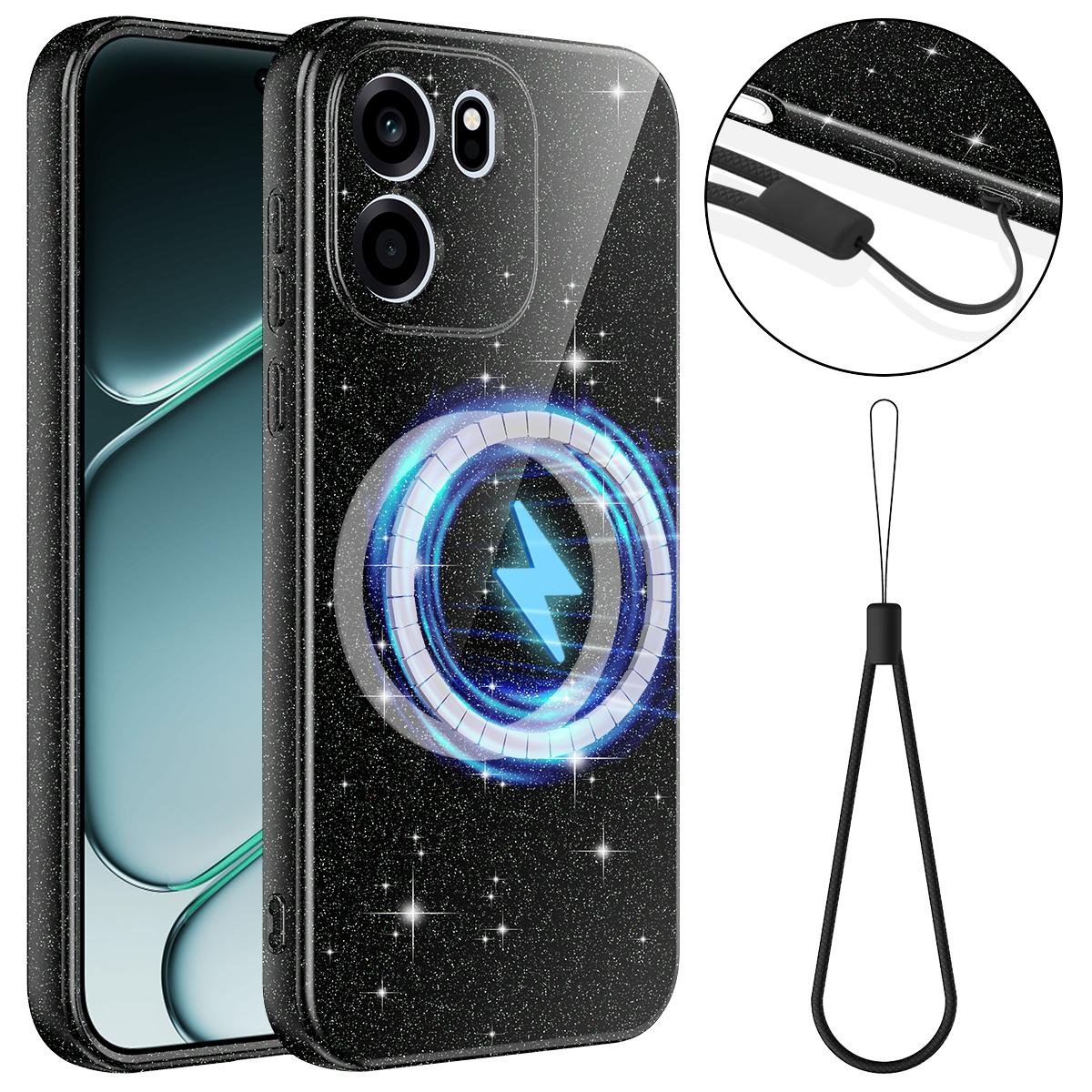 For OnePlus Nord CE6 5G Fine Hole Glossy Glitter Magnetic TPU Phone Case with Same Color Hand Strap - Black - EDA009089908B