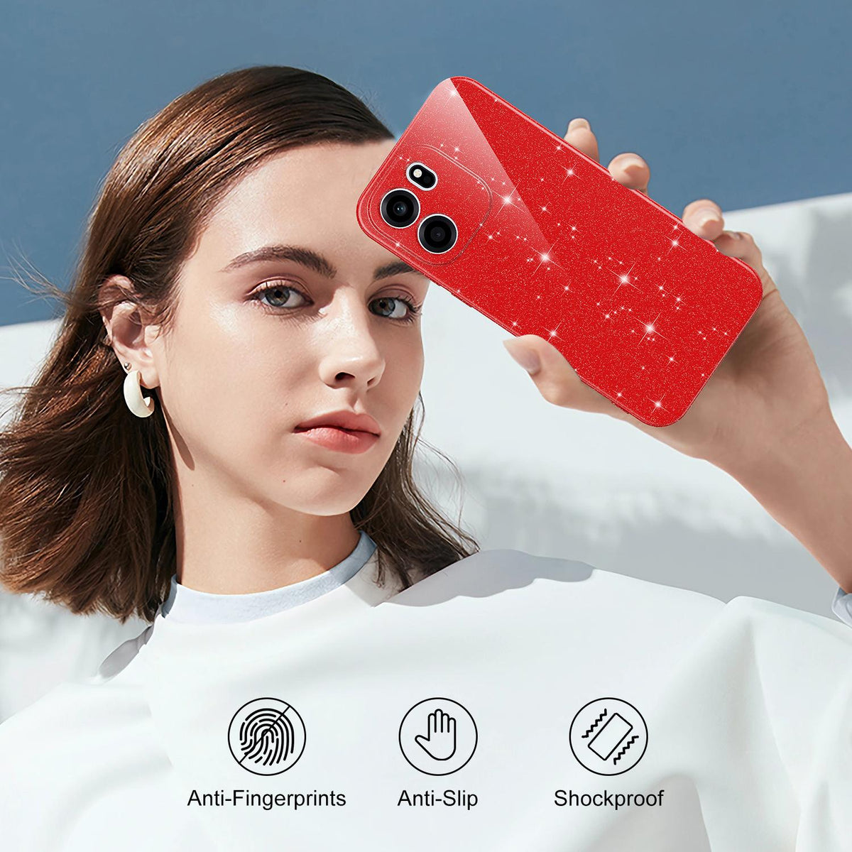 For OnePlus Nord CE6 5G Fine Hole Glossy Glitter Magnetic TPU Phone Case with Same Color Hand Strap - Red - EDA009089908C