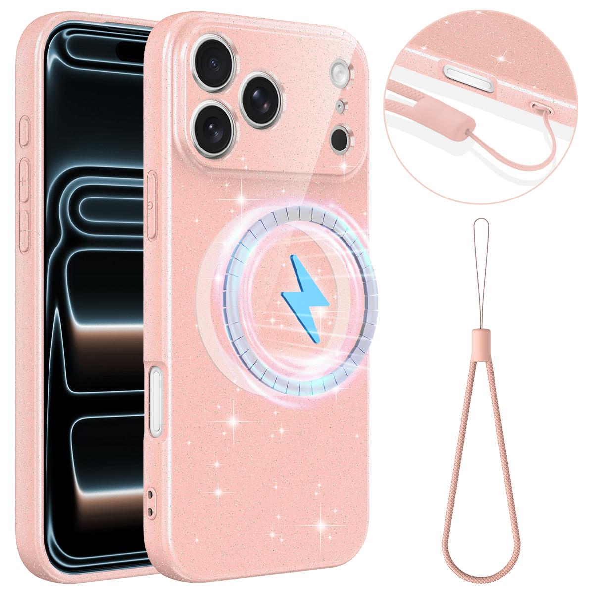 For iPhone 18 Pro Max Fine Hole Glossy Glitter Magnetic TPU Phone Case with Same Color Hand Strap - Pink - EDA009090310A