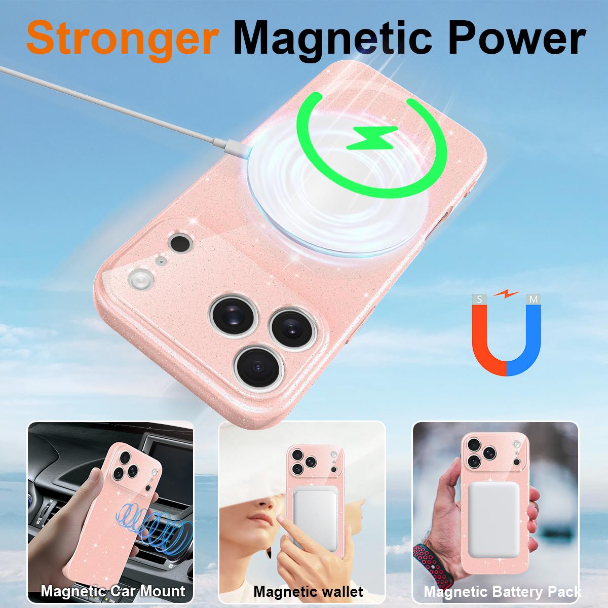 For iPhone 18 Pro Max Fine Hole Glossy Glitter Magnetic TPU Phone Case with Same Color Hand Strap - Pink - EDA009090310A