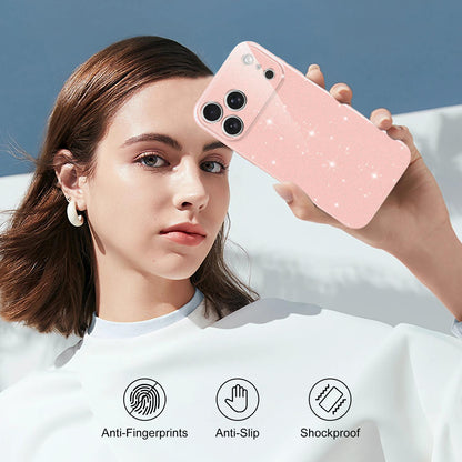For iPhone 18 Pro Max Fine Hole Glossy Glitter Magnetic TPU Phone Case with Same Color Hand Strap - Pink - EDA009090310A