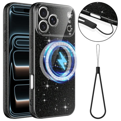 For iPhone 18 Pro Max Fine Hole Glossy Glitter Magnetic TPU Phone Case with Same Color Hand Strap - Black - EDA009090310B