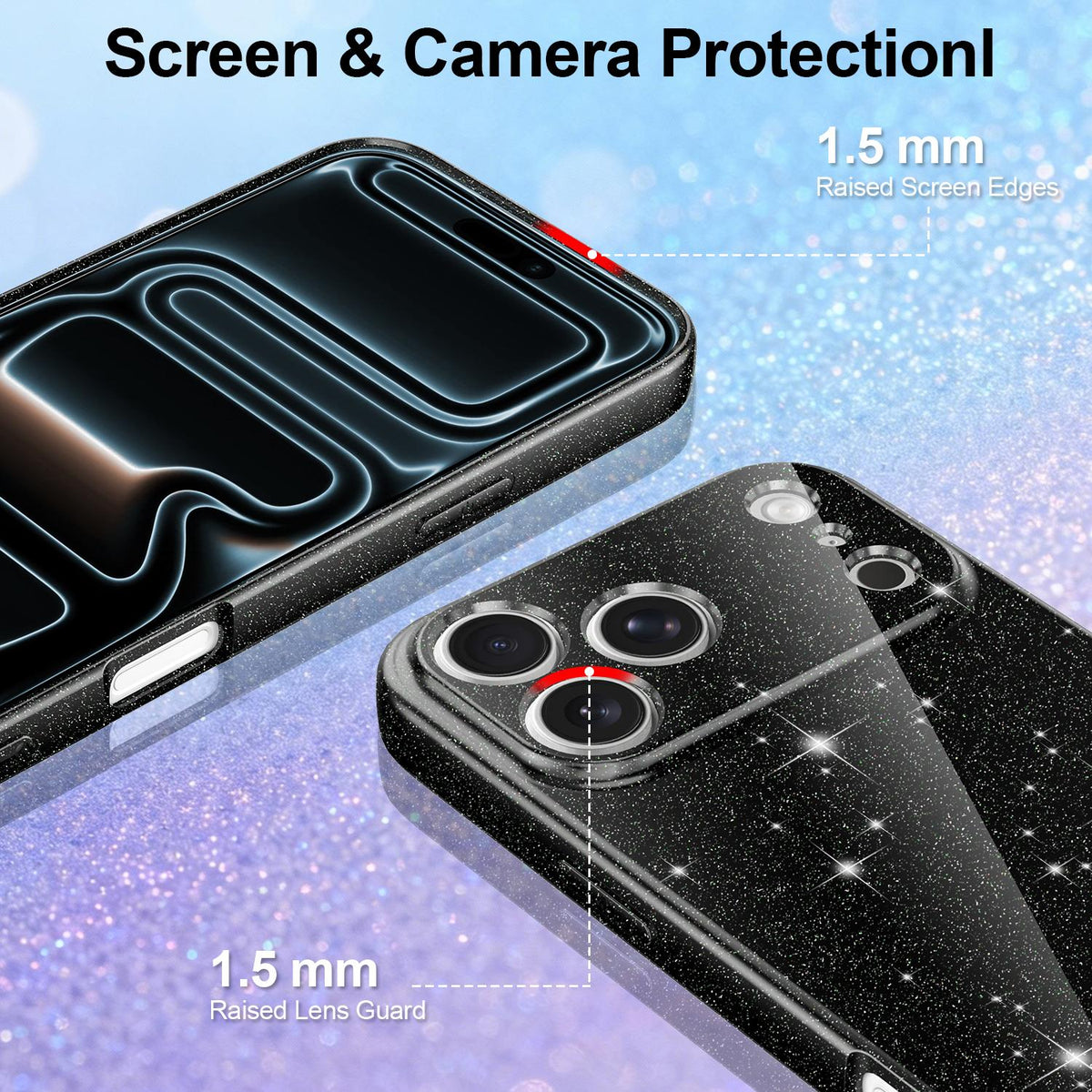 For iPhone 18 Pro Max Fine Hole Glossy Glitter Magnetic TPU Phone Case with Same Color Hand Strap - Black - EDA009090310B