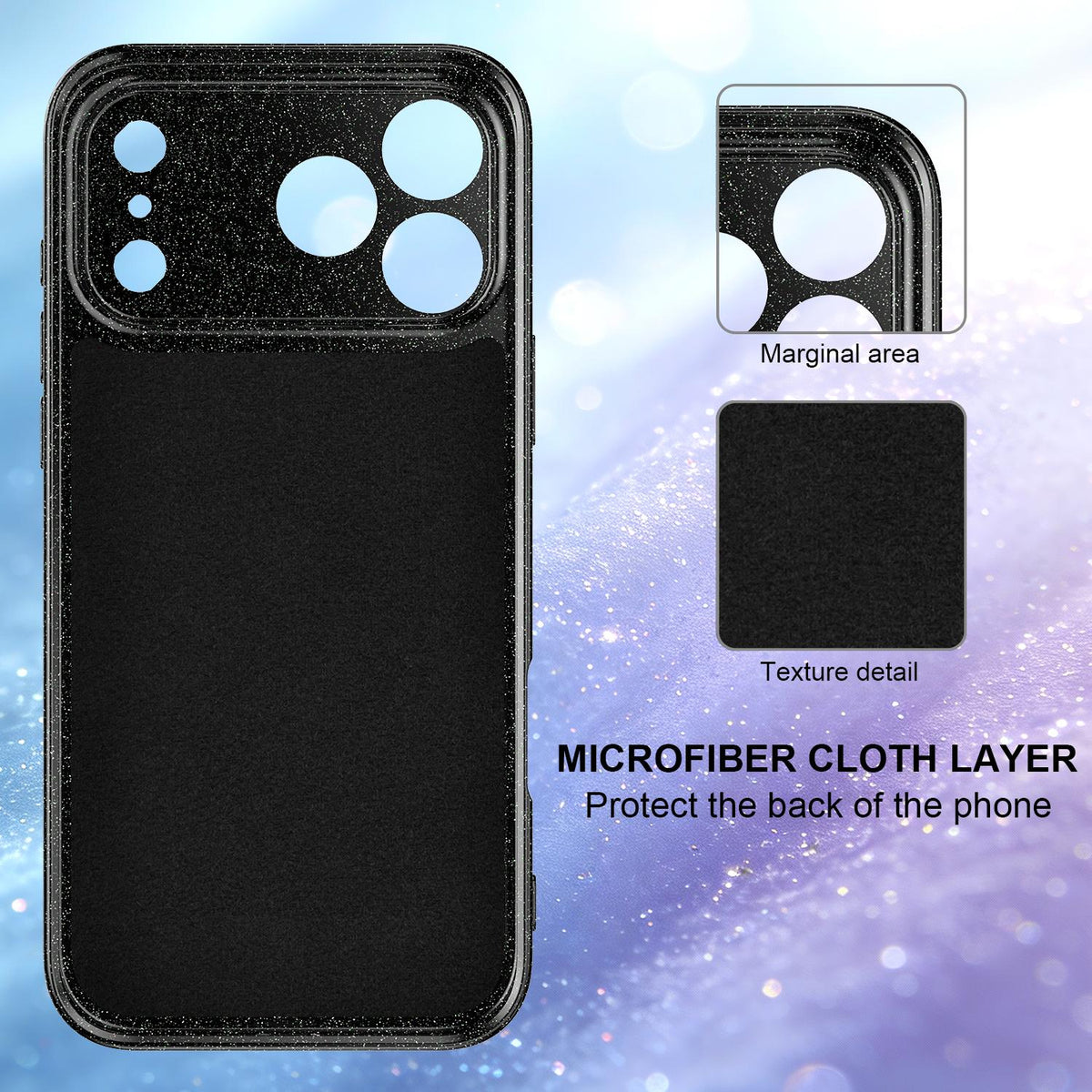 For iPhone 18 Pro Max Fine Hole Glossy Glitter Magnetic TPU Phone Case with Same Color Hand Strap - Black - EDA009090310B