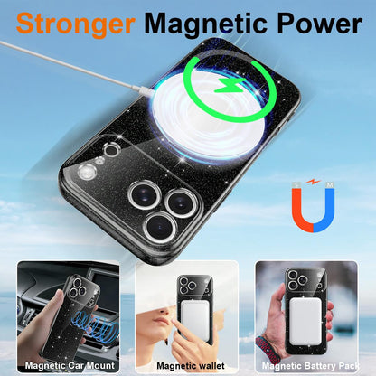 For iPhone 18 Pro Max Fine Hole Glossy Glitter Magnetic TPU Phone Case with Same Color Hand Strap - Black - EDA009090310B
