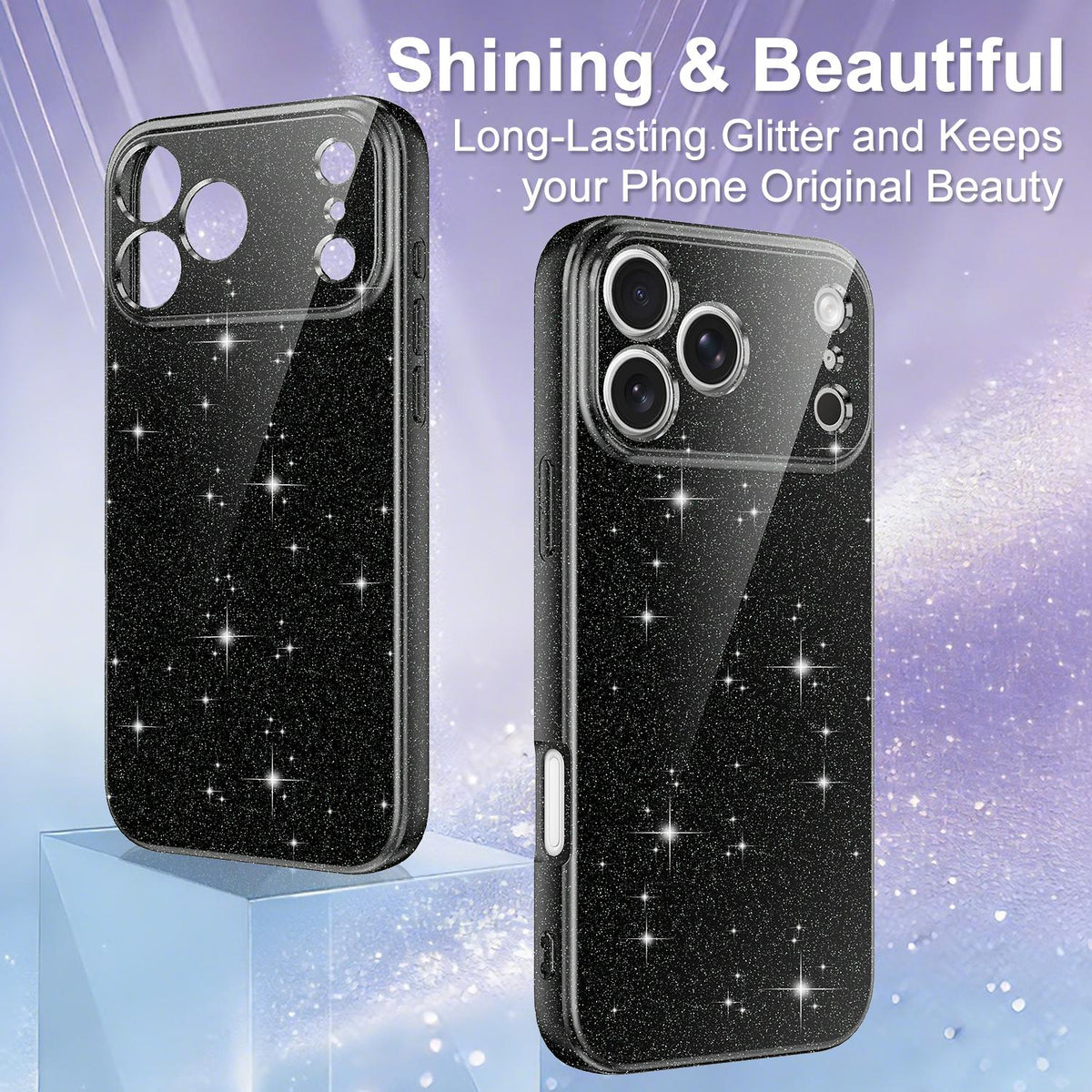 For iPhone 18 Pro Max Fine Hole Glossy Glitter Magnetic TPU Phone Case with Same Color Hand Strap - Black - EDA009090310B