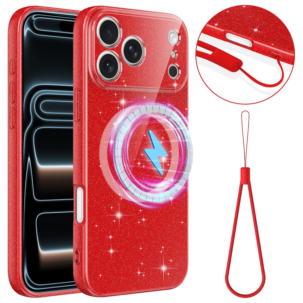 For iPhone 18 Pro Max Fine Hole Glossy Glitter Magnetic TPU Phone Case with Same Color Hand Strap - Red - EDA009090310C