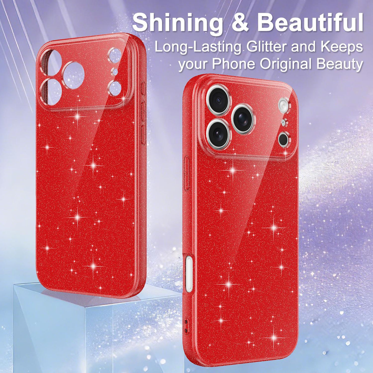 For iPhone 18 Pro Max Fine Hole Glossy Glitter Magnetic TPU Phone Case with Same Color Hand Strap - Red - EDA009090310C