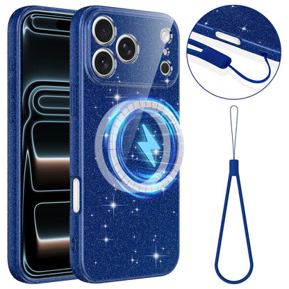 For iPhone 18 Pro Max Fine Hole Glossy Glitter Magnetic TPU Phone Case with Same Color Hand Strap - Blue - EDA009090310D