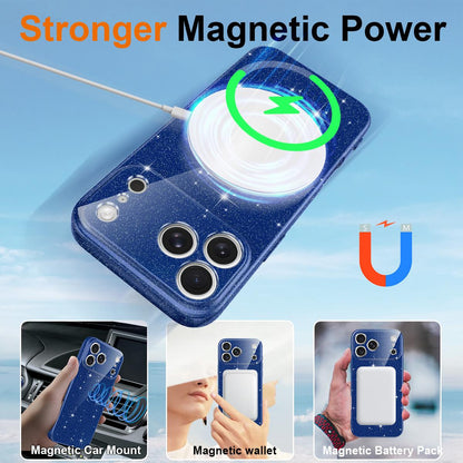 For iPhone 18 Pro Max Fine Hole Glossy Glitter Magnetic TPU Phone Case with Same Color Hand Strap - Blue - EDA009090310D
