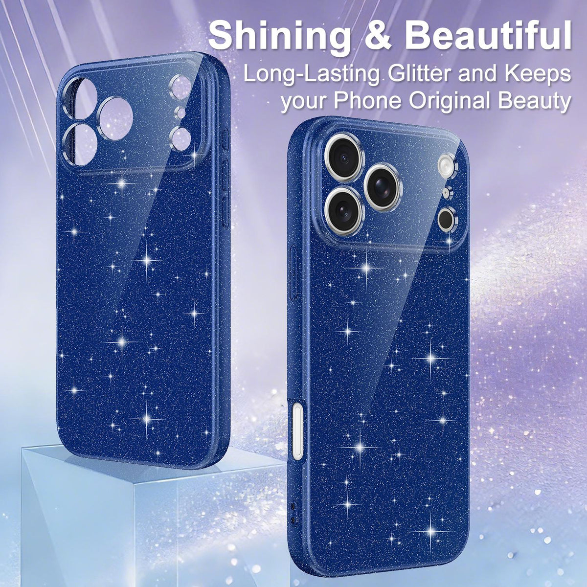 For iPhone 18 Pro Max Fine Hole Glossy Glitter Magnetic TPU Phone Case with Same Color Hand Strap - Blue - EDA009090310D