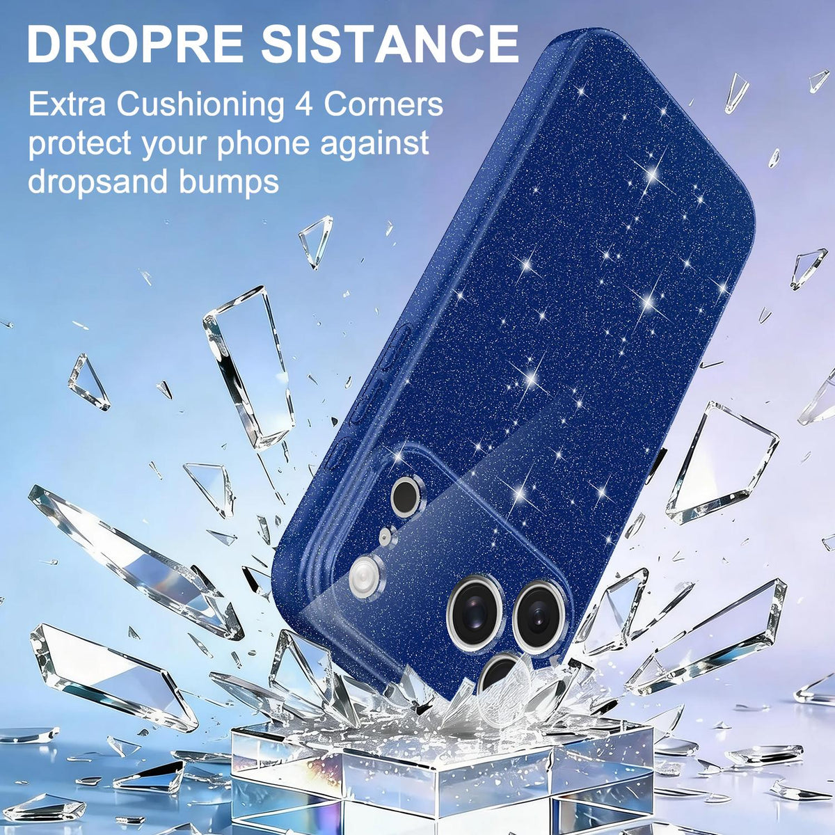 For iPhone 18 Pro Max Fine Hole Glossy Glitter Magnetic TPU Phone Case with Same Color Hand Strap - Blue - EDA009090310D