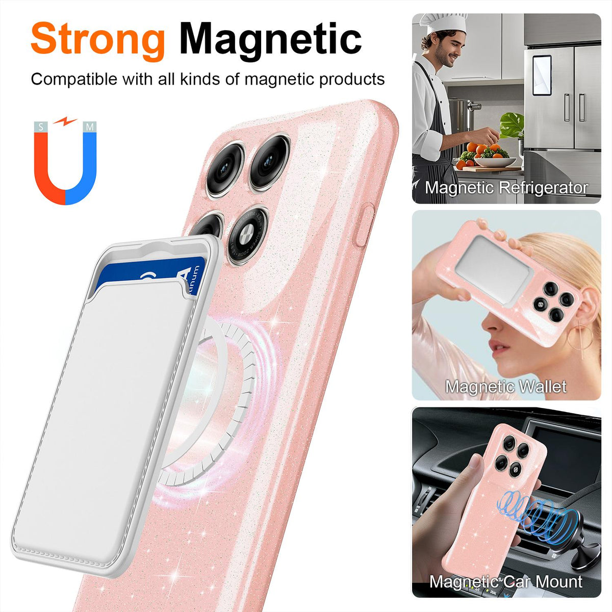For Motorola Edge 70 Pro / 70 Pro+ Fine Hole Glossy Glitter Magnetic TPU Phone Case with Same Color Hand Strap - Pink - EDA009101316A