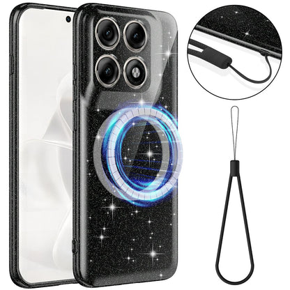 For Motorola Edge 70 Pro / 70 Pro+ Fine Hole Glossy Glitter Magnetic TPU Phone Case with Same Color Hand Strap - Black - EDA009101316B
