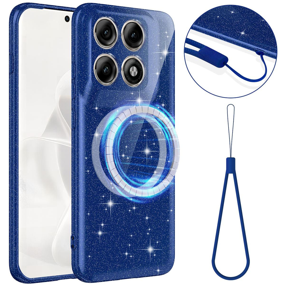 For Motorola Edge 70 Pro / 70 Pro+ Fine Hole Glossy Glitter Magnetic TPU Phone Case with Same Color Hand Strap - Blue - EDA009101316D