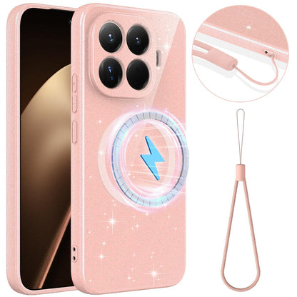 For Xiaomi 17T Pro 5G Fine Hole Glossy Glitter Magnetic TPU Phone Case with Same Color Hand Strap - Pink - EDA009101605A