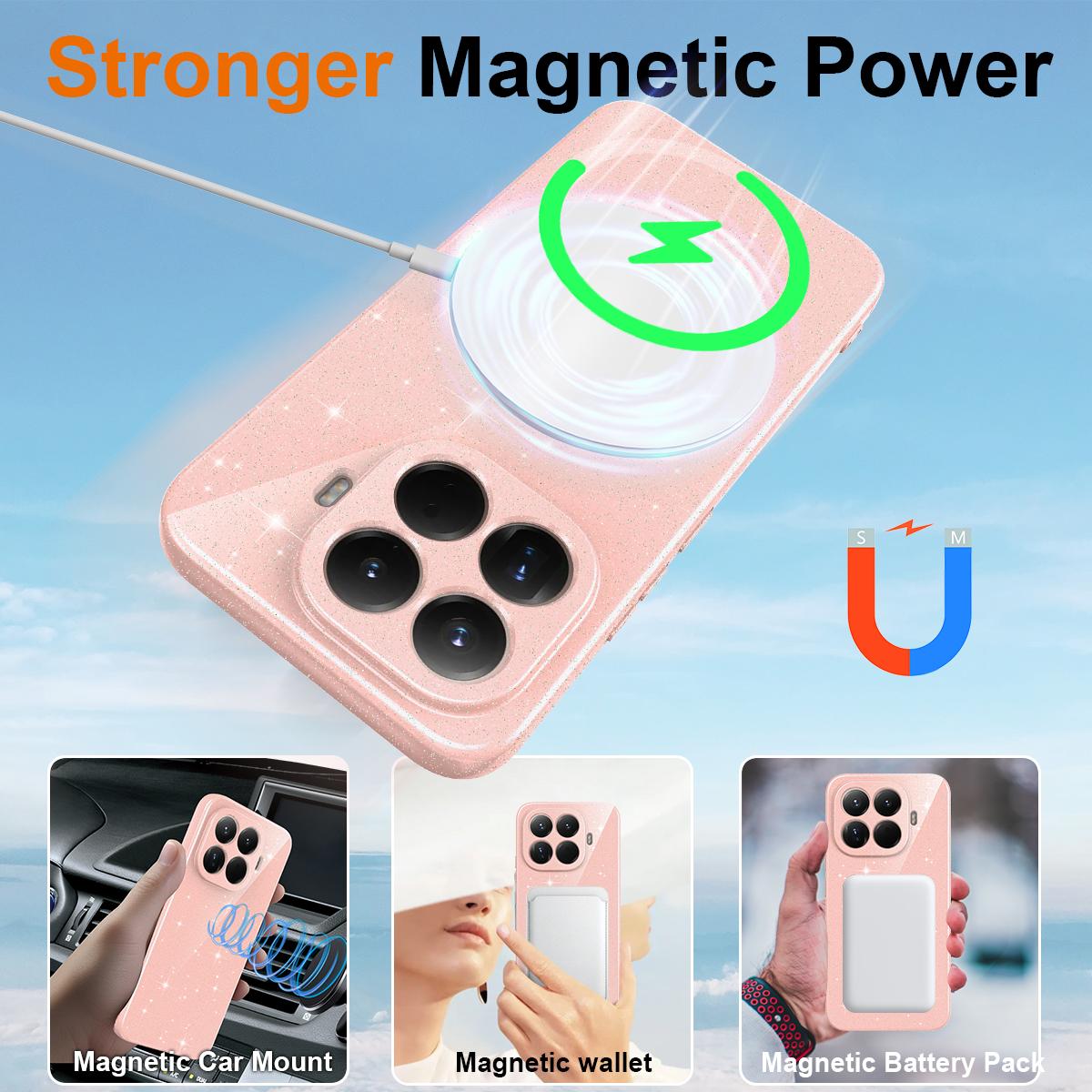 For Xiaomi 17T Pro 5G Fine Hole Glossy Glitter Magnetic TPU Phone Case with Same Color Hand Strap - Pink - EDA009101605A