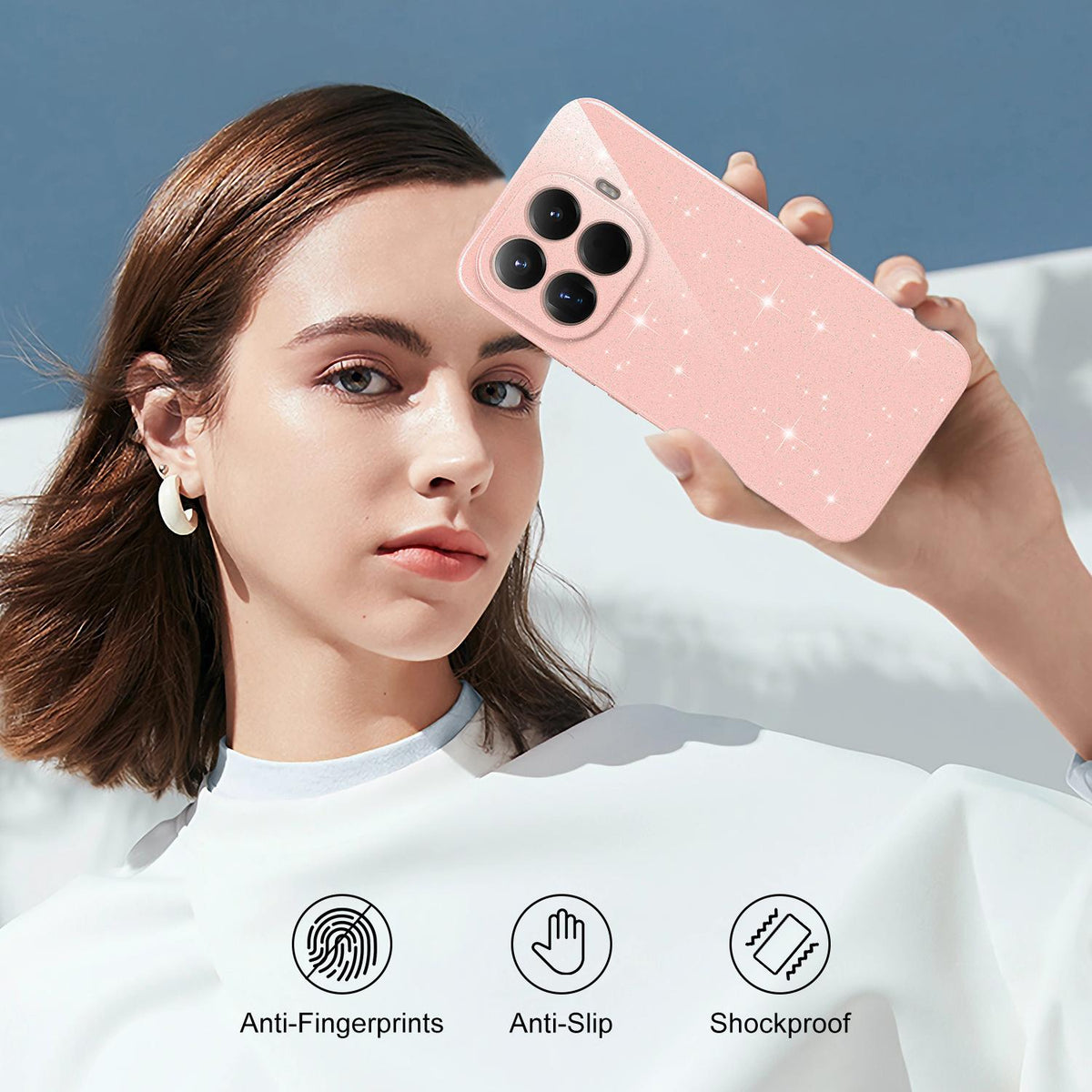 For Xiaomi 17T Pro 5G Fine Hole Glossy Glitter Magnetic TPU Phone Case with Same Color Hand Strap - Pink - EDA009101605A