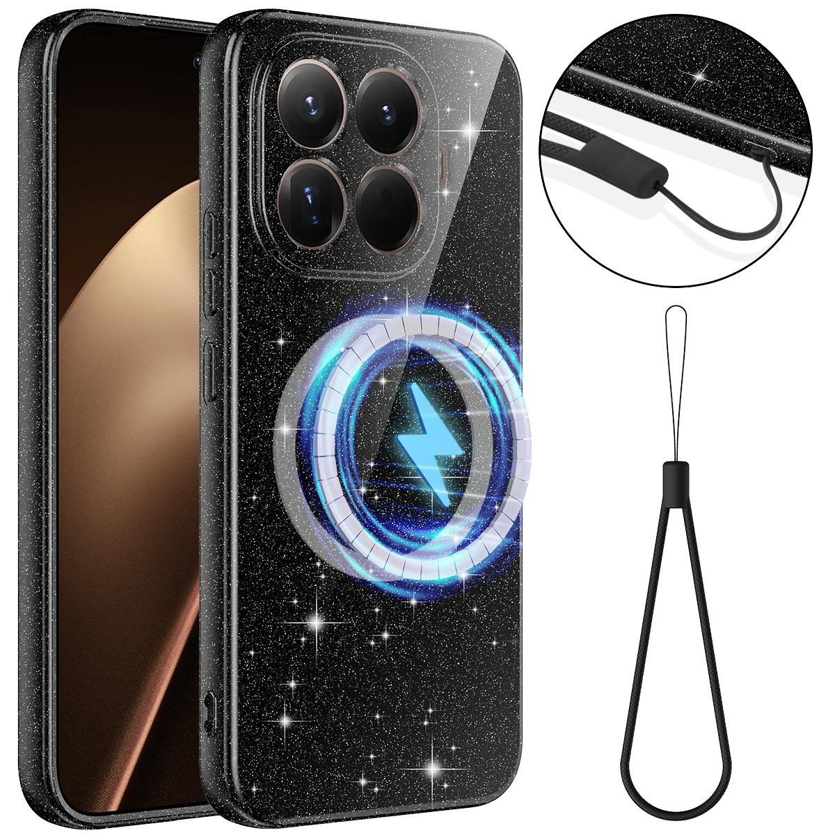 For Xiaomi 17T Pro 5G Fine Hole Glossy Glitter Magnetic TPU Phone Case with Same Color Hand Strap - Black - EDA009101605B